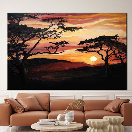 African Sunset Savannah Tree Painting Canvas Print - Nature View Wall Art