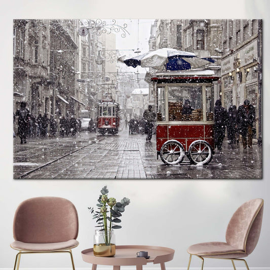 Red Tram Artwork: Winter Printed Istanbul Landscape Canvas Art, Istiklal Street Poster