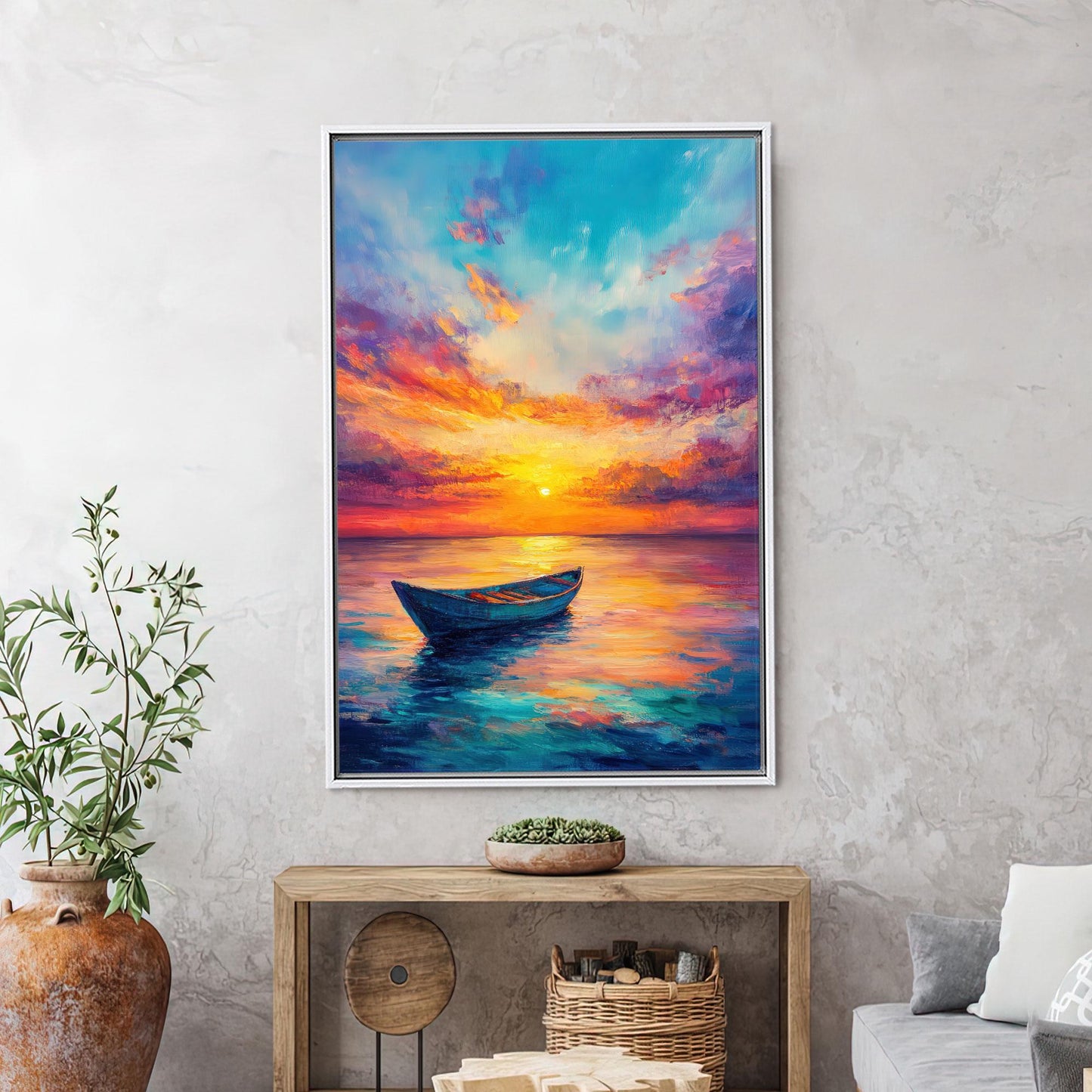 Colorful Boat Sunset Vibrant Seascape Canvas Print