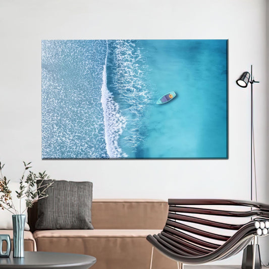 Aerial Ocean Kayak Canvas Wall Art, Turquoise Blue Sea Photography Print, Coastal Summer Decor