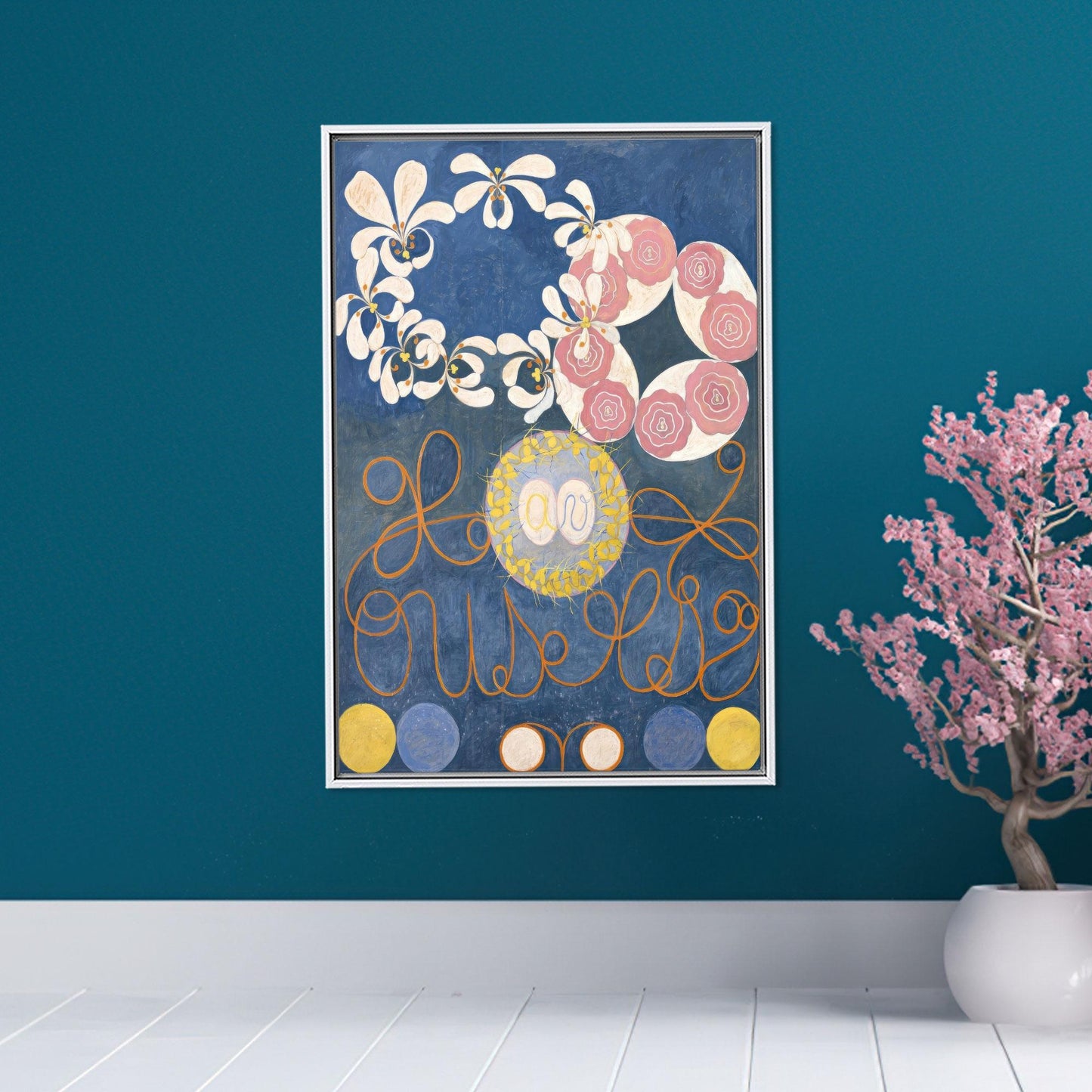 Blue Floral Abstract Pink Circles Canvas Print