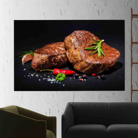 Modern Steak with Spices Canvas Decor - 3D Kitchen Wall Art, Personalized Gift for Dad