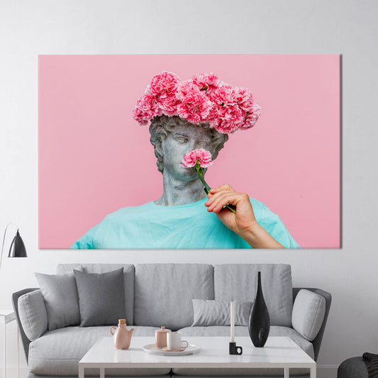 Modern Carnations 3D Canvas Print: Antique Bust with Floral Bouquet, Printed Wall Art