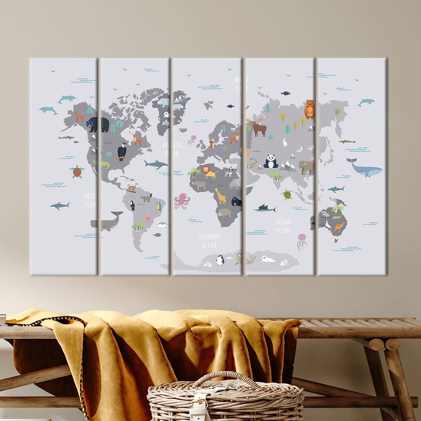World Map With Animals Canvas Print, Kids Wall Decor, Children's Personalized Baby Gift