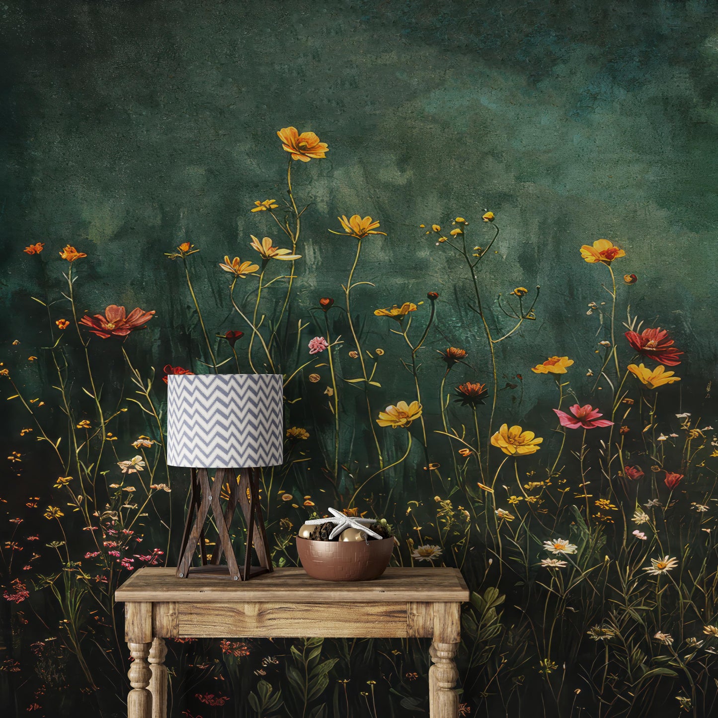 Vintage Floral Wallpaper with Red and Yellow Flowers, Dark Green Wildflower Wall Mural for Romantic
