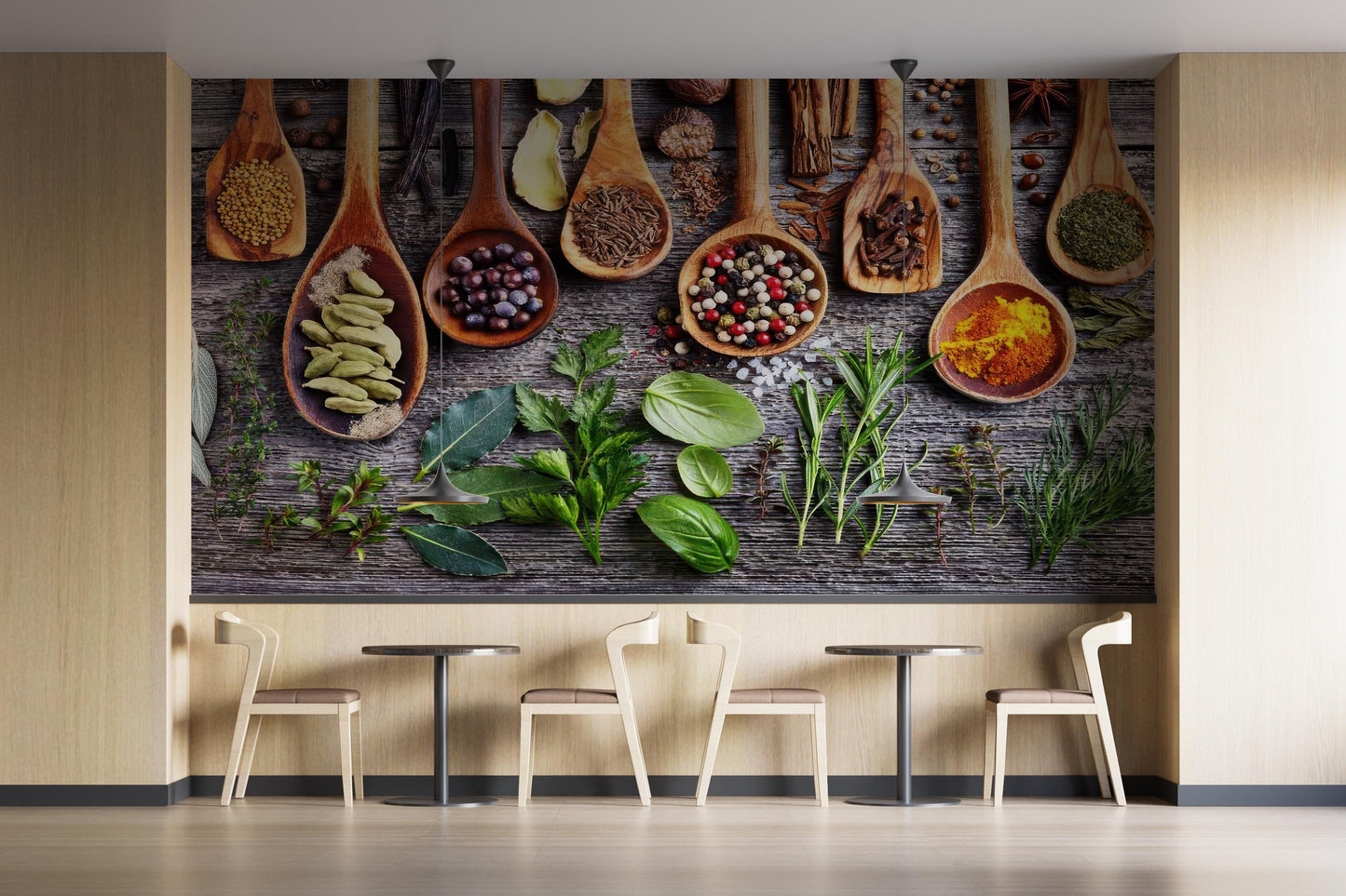 Rustic Wooden Spoon Wallpaper for Kitchen Decor, Herbs and Spices Wall Mural, Botanical Cooking