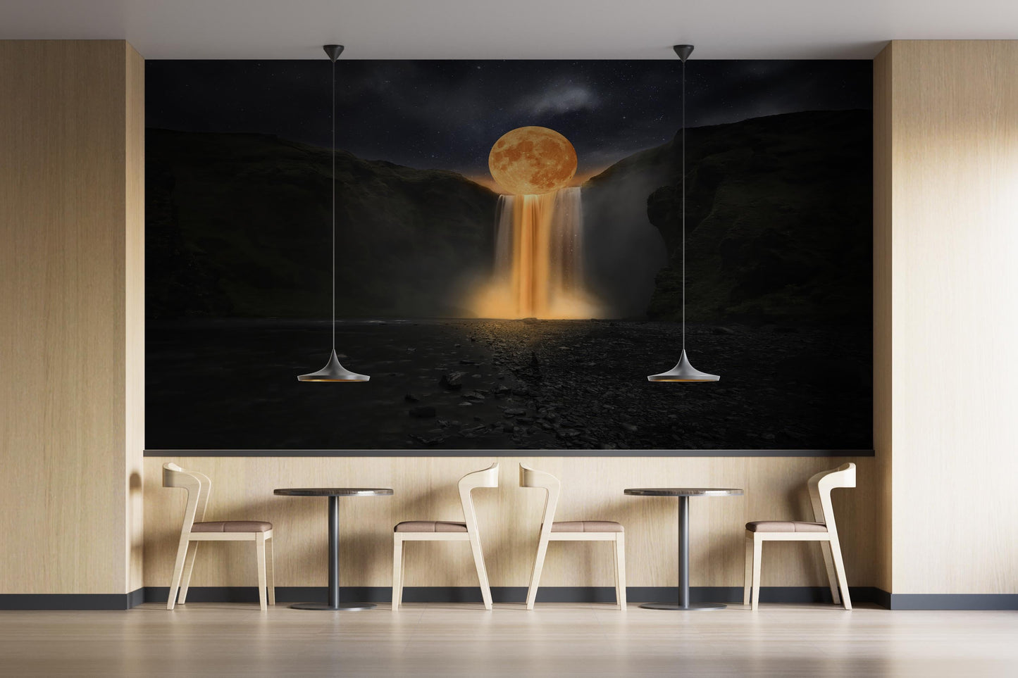 Fantasy Moon Waterfall Wall Mural: Surreal Night Landscape Wallpaper for Bedroom Meditation