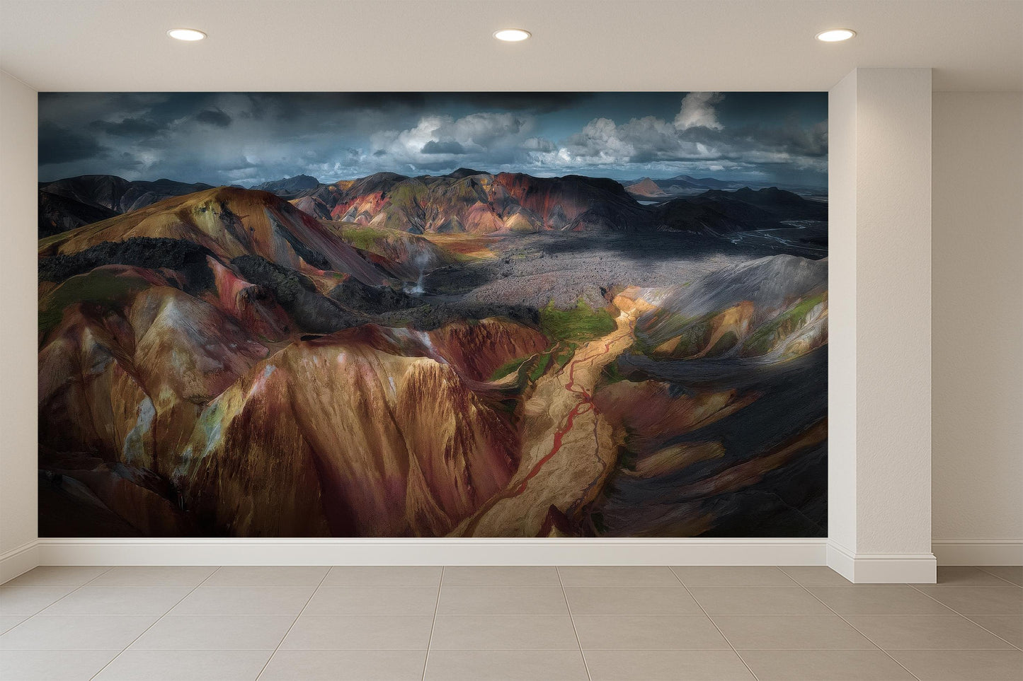 Colorful Mountain Wall Mural with Dramatic Sky, Scenic Landscape Wallpaper, Earth Tone Nature Art
