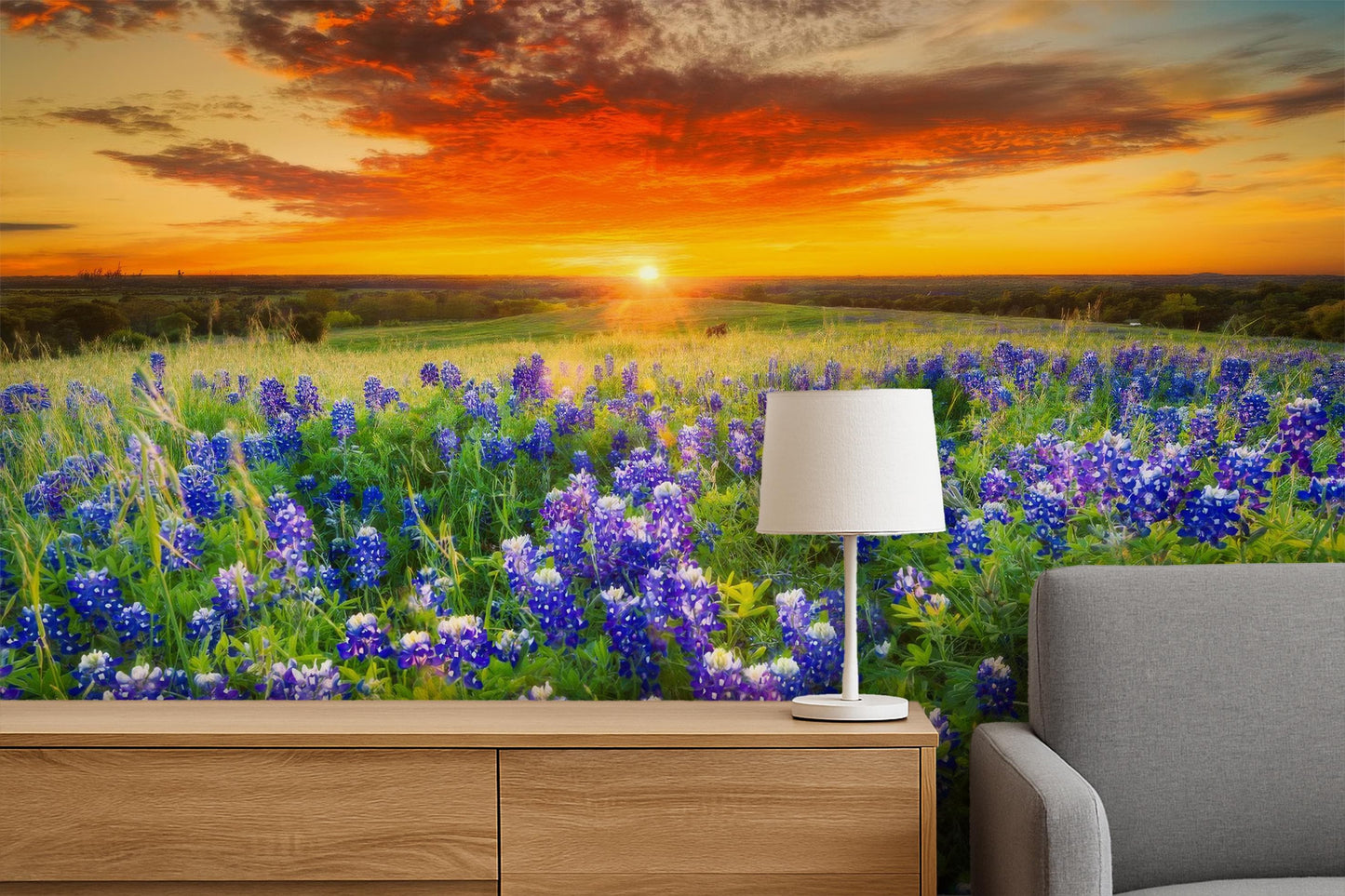 Purple Floral Meadow Wallpaper, Sunset Wildflower Field Wall Mural for Bedroom and Living Room