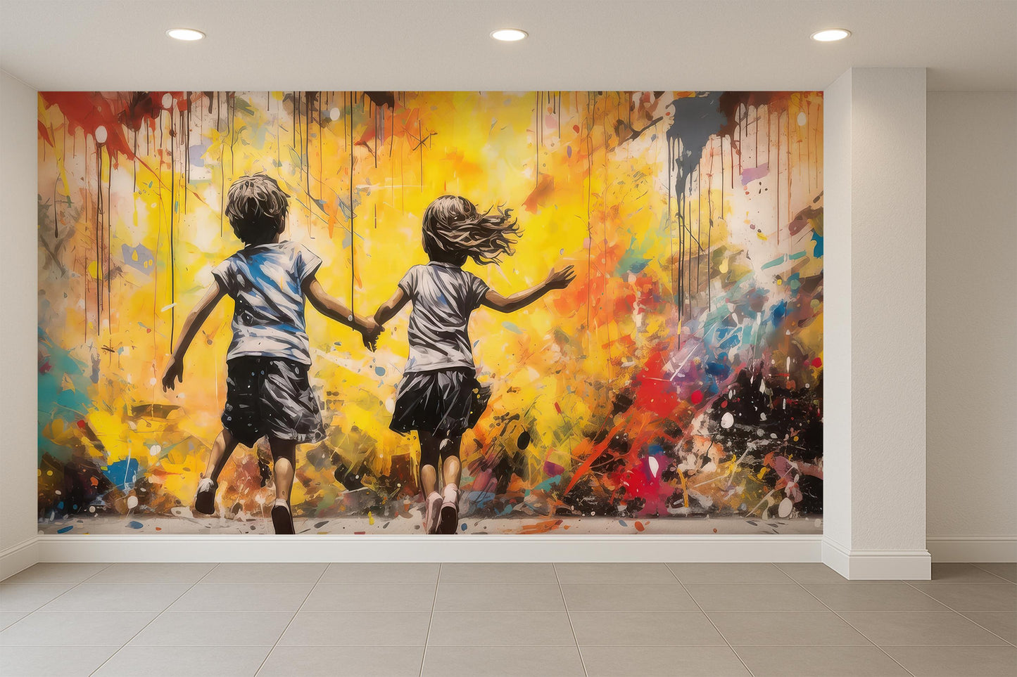 Urban Graffiti Style Wallpaper with Joyful Running Children Mural for Playroom