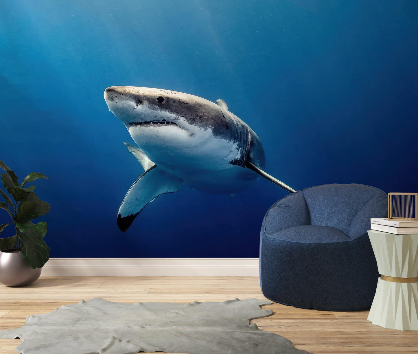 Realistic Great White Shark Wallpaper with Deep Blue Ocean Background for Kids Room or Nautical