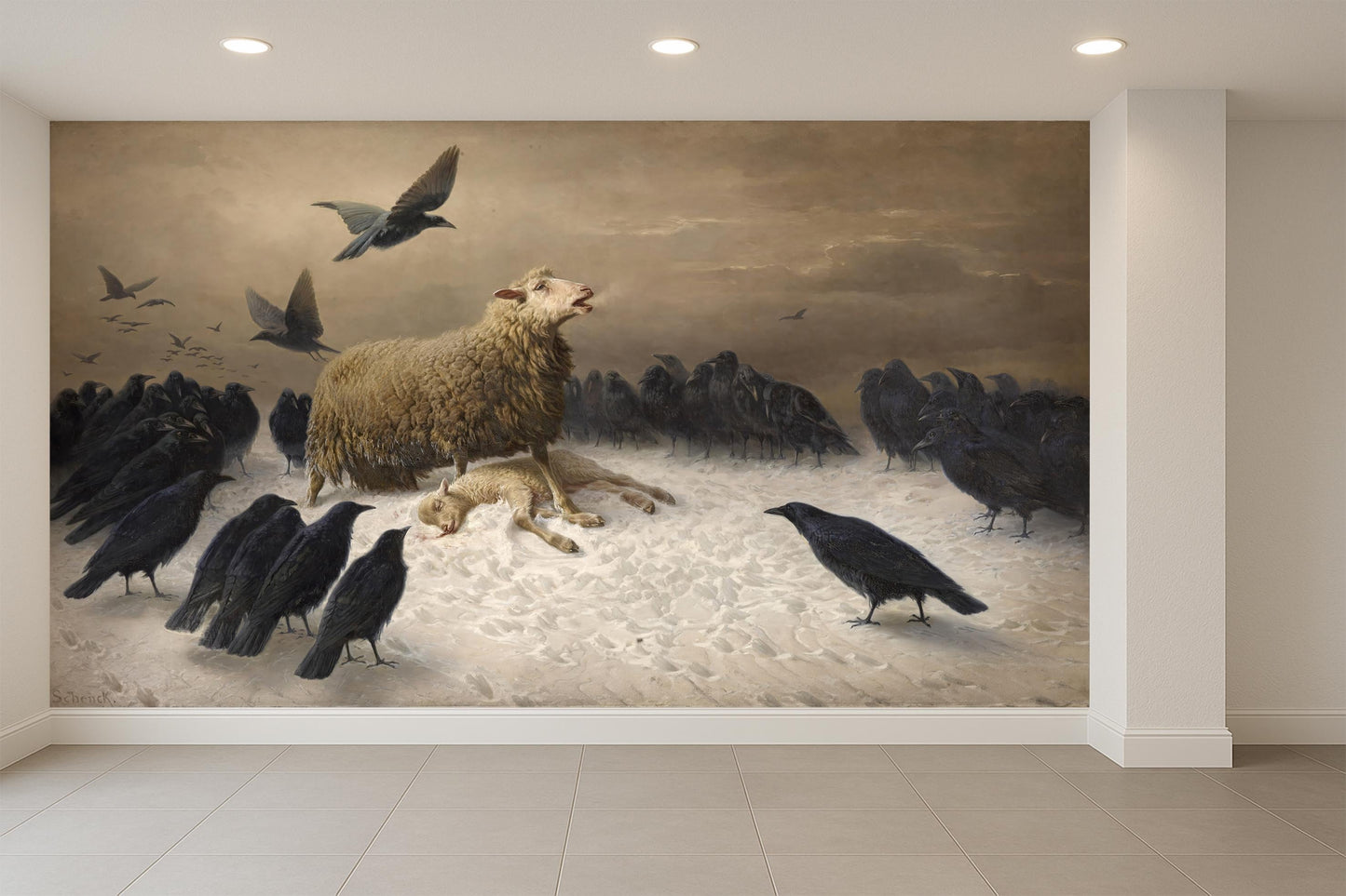 Sheep and Crows Wallpaper: Dramatic Animal Scene Mural for Modern Home Decor