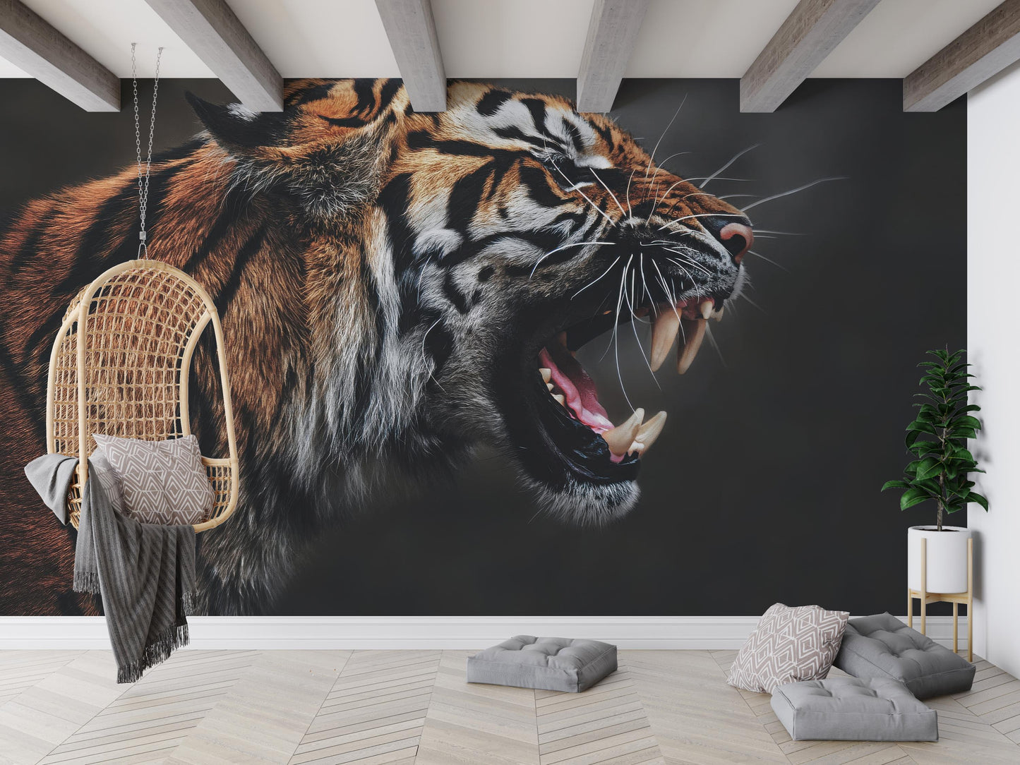 Fierce Wildlife Close-Up Wallpaper: Roaring Tiger Wall Mural for Bold Interiors
