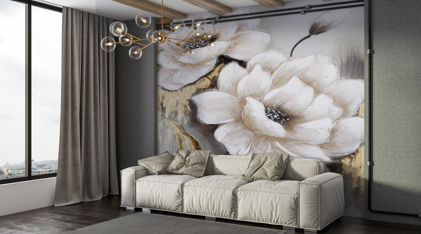 Modern White Flower Wallpaper with Gold Accents for Bedroom or Office