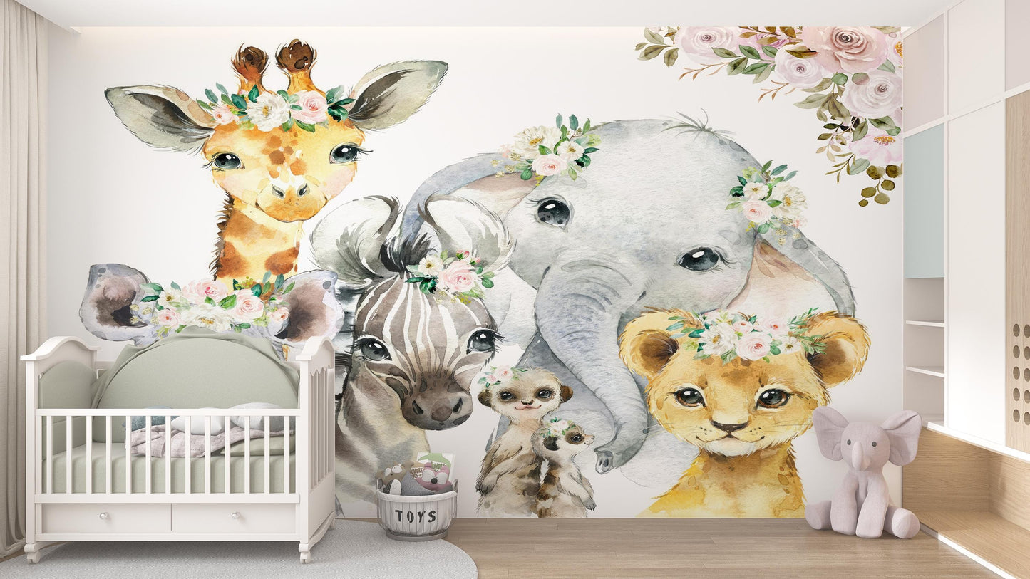 Cute Safari Animal Wall Mural for Kids Room, Jungle Friends Wallpaper with Elephant, Giraffe, Lion