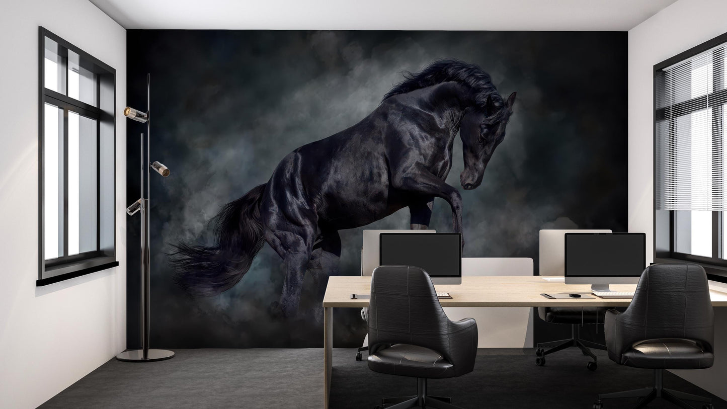 Majestic Dark Black Horse Wallpaper with Dramatic Foggy Background for Office or Living Room