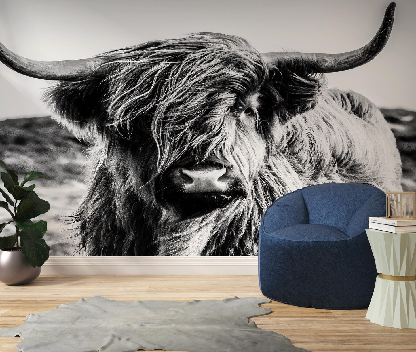Black and White Highland Cow Wall Mural, Rustic Farm Animal Wallpaper for Living Room or Cabin