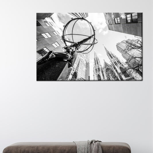 New York Atlas Statue Printed Canvas Wall Art - Contemporary Art Decor for Home