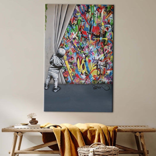 Vibrant Banksy Boy Art Canvas Print - Behind the Curtain Graffiti Wall Art