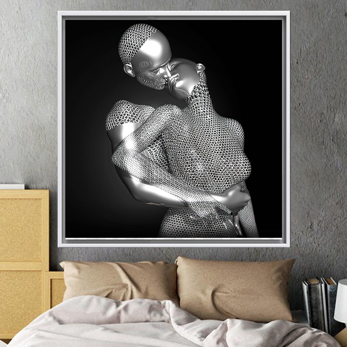 3D Silver Kissing Couple Abstract Canvas Print
