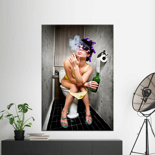 Large Canvas Print: Smoking Woman in Toilet - Fashion Girl Wall Decor