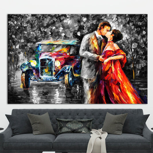 Vintage Car Artwork Kissing Couple Canvas Print - Romantic Wall Decor