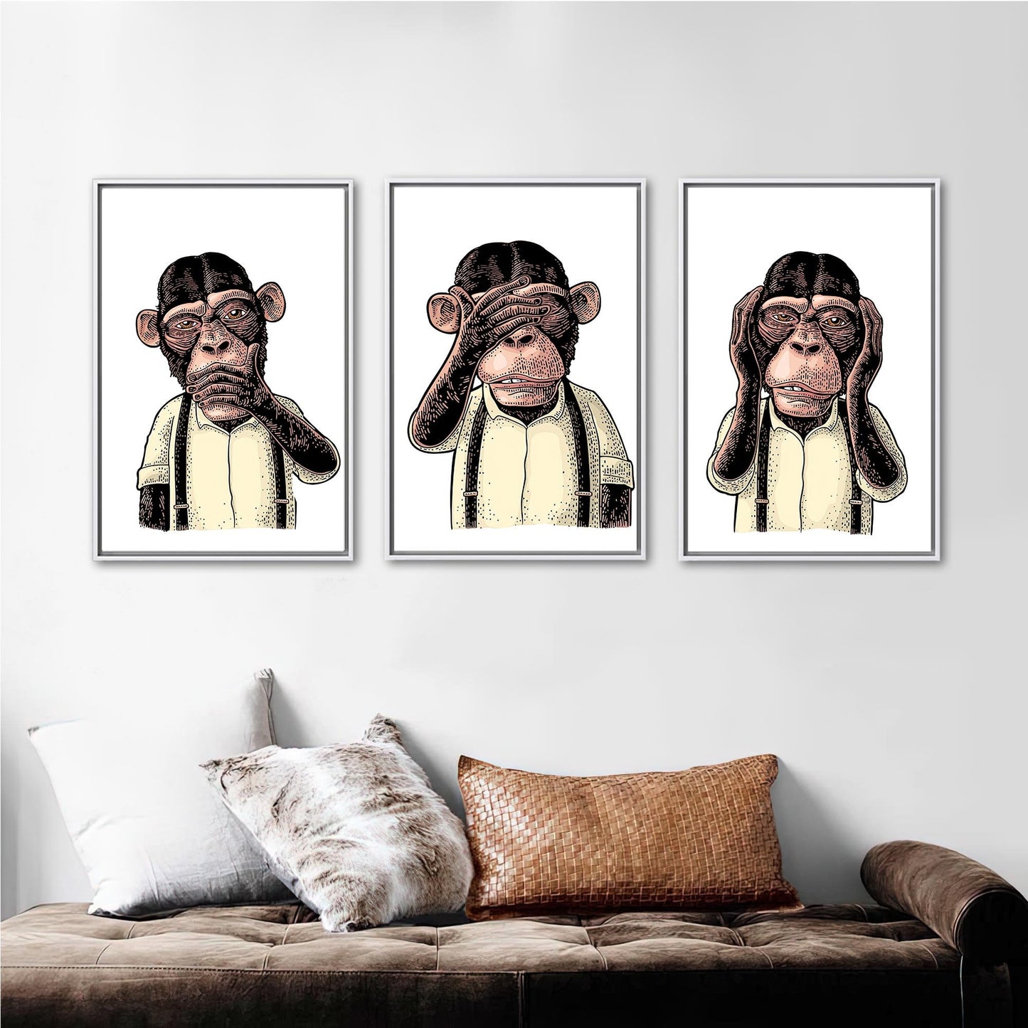 Abstract Monkey Art Canvas: Three Wise Monkey Wall Decor, Printed Artwork