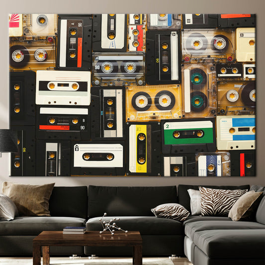 Vintage Cassette Art Canvas Print - Retro Music Wall Art with Tapes Printed