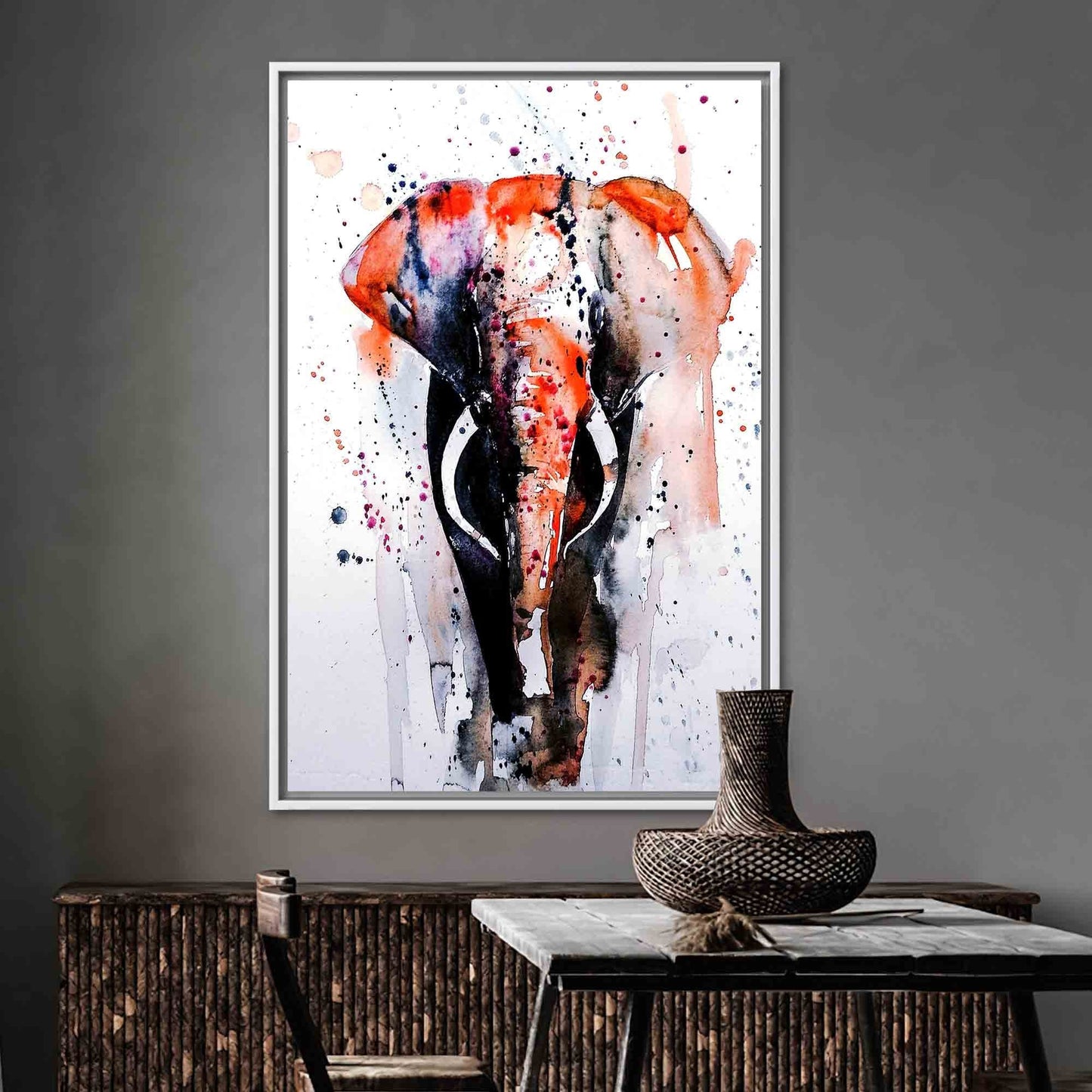 Red and Gray Watercolor Elephant Canvas Print