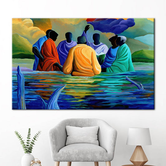 African Baptism Wall Art: Abstract Black Canvas Print with Ethnic Sea Landscape