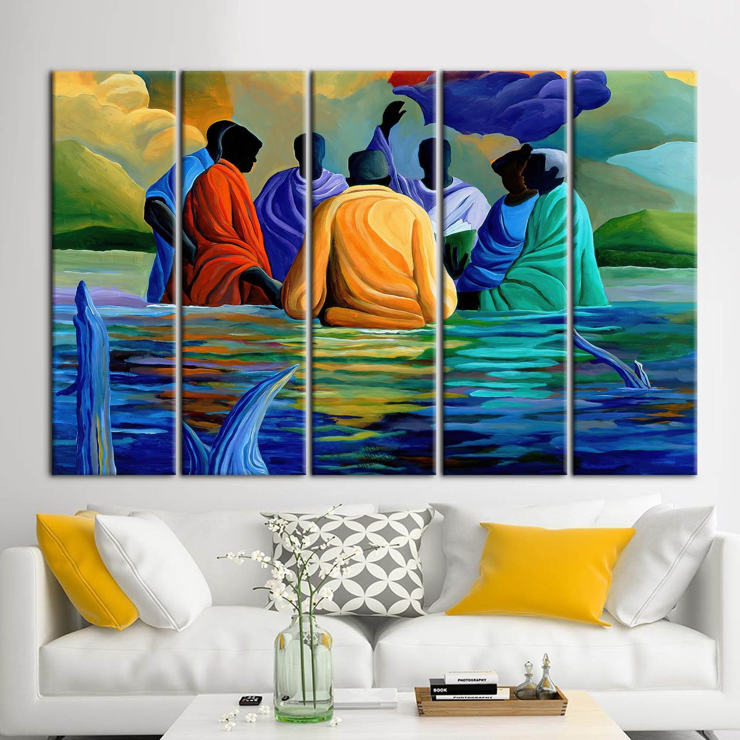 African Baptism Wall Art: Abstract Black Canvas Print with Ethnic Sea Landscape