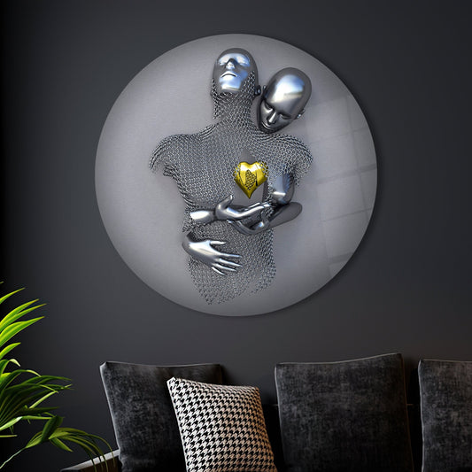 3D Silver Hugging Couple Glass Wall Art, Romantic Bedroom Decor