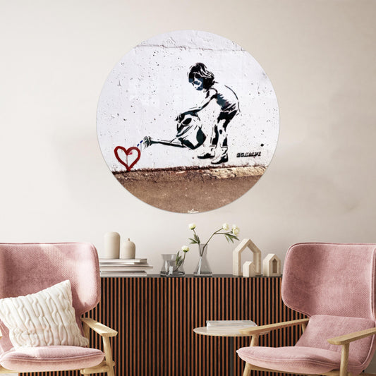 Banksy Children Water to Love Heart Glass Wall Art, Abstract Heart Decor