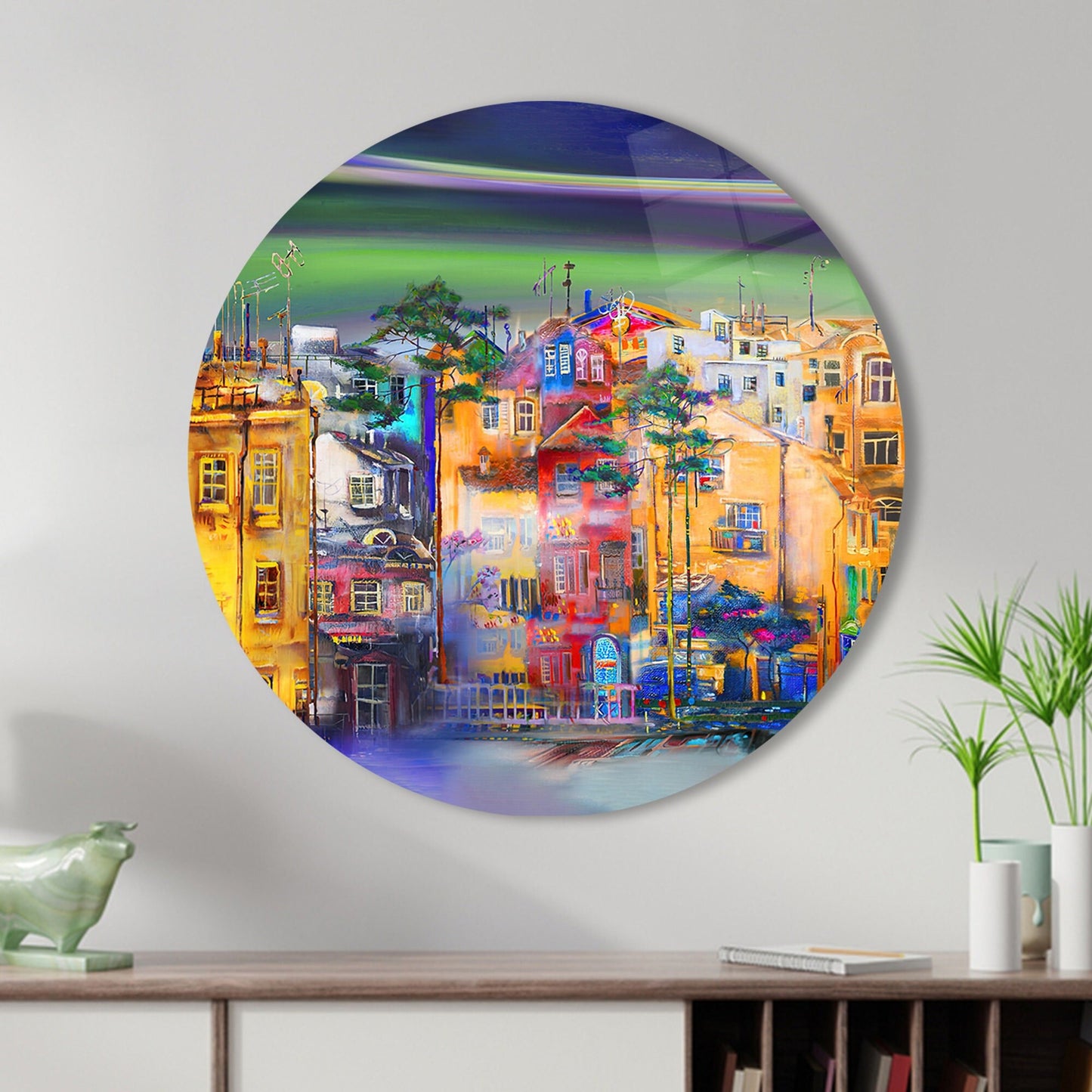 Cityscape Street Silhouette Painting Glass Wall Art