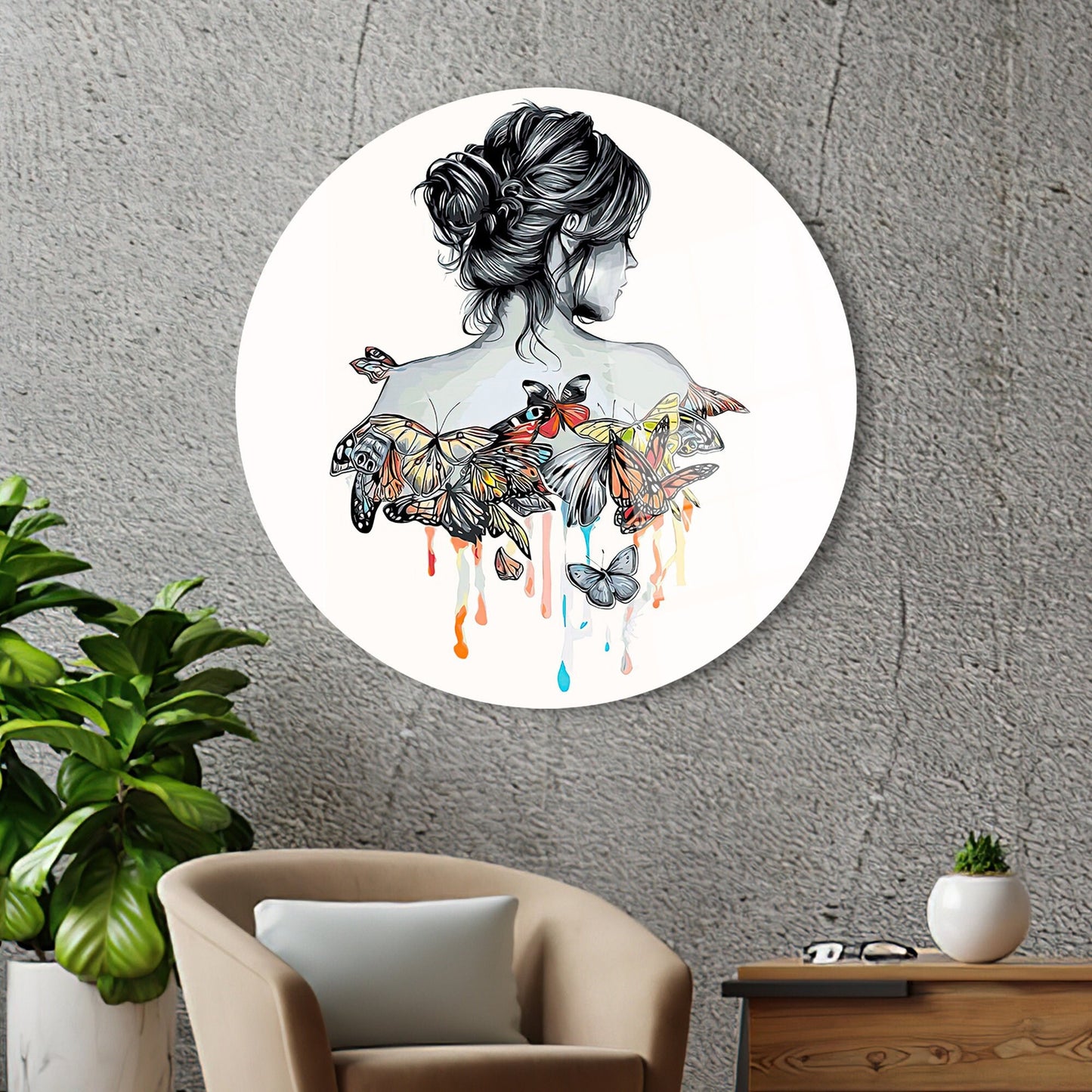 Abstract Glass Wall Art: Girl and Butterflies Drawing in Elegant Glass Print