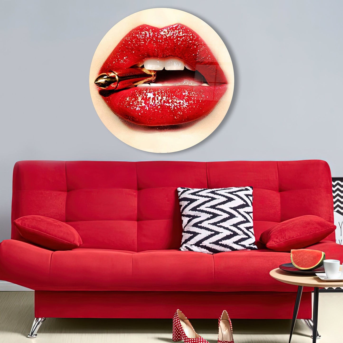 Red Erotic Lip Design Glass Wall Art