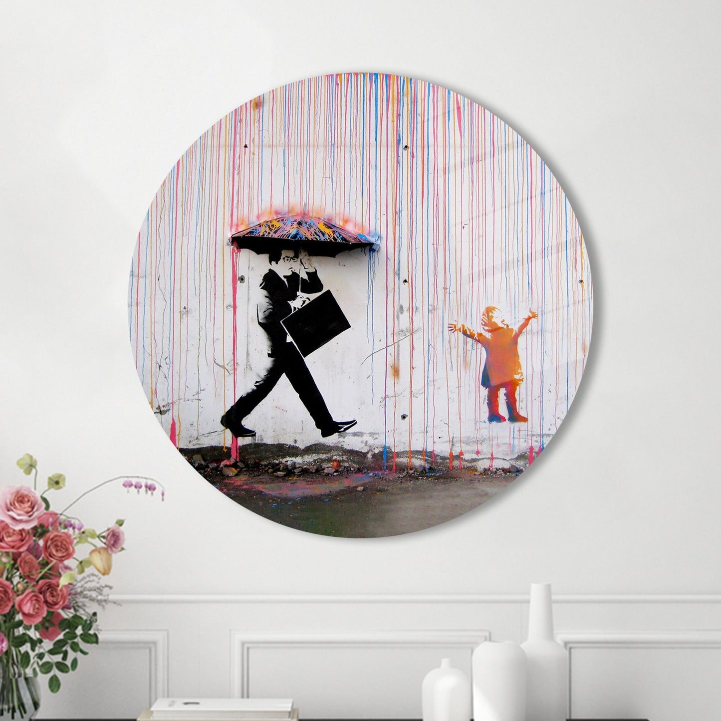 Abstract Tempered Glass Wall Art - Rain Umbrella Design in Vivid Colors