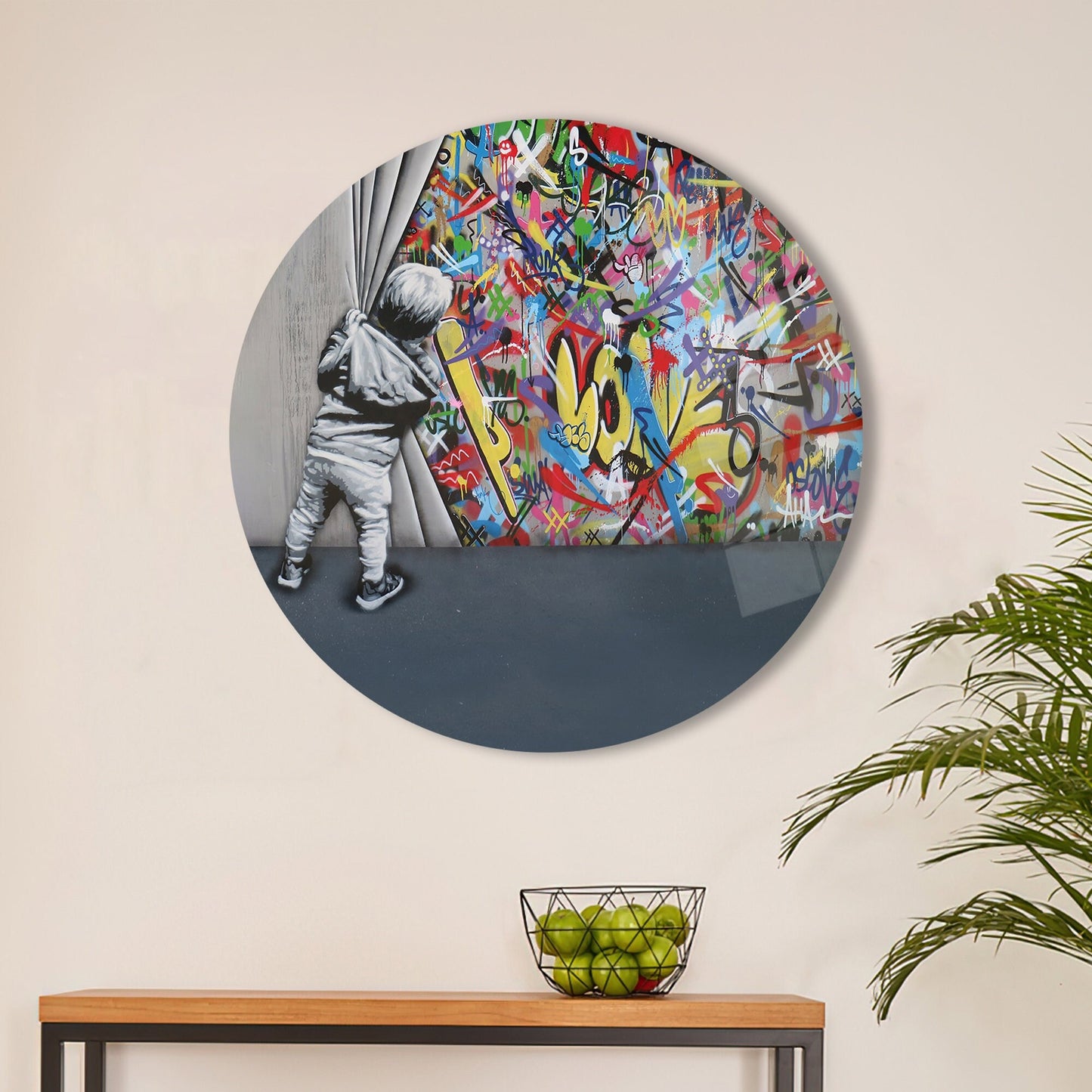 Colorful Banksy Graffiti Boy Glass Wall Art