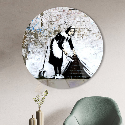 Abstract Wall Art: Banksy Maid Graffiti Tempered Glass Decor