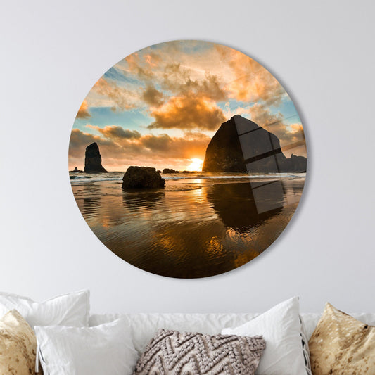 Oregon Coast Haystack Rock Glass Wall Art: Sea Landscape Sunshine Print