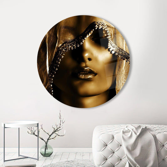 Modern Golden Glass Wall Art: Elegant Woman Portrait for Home Decor