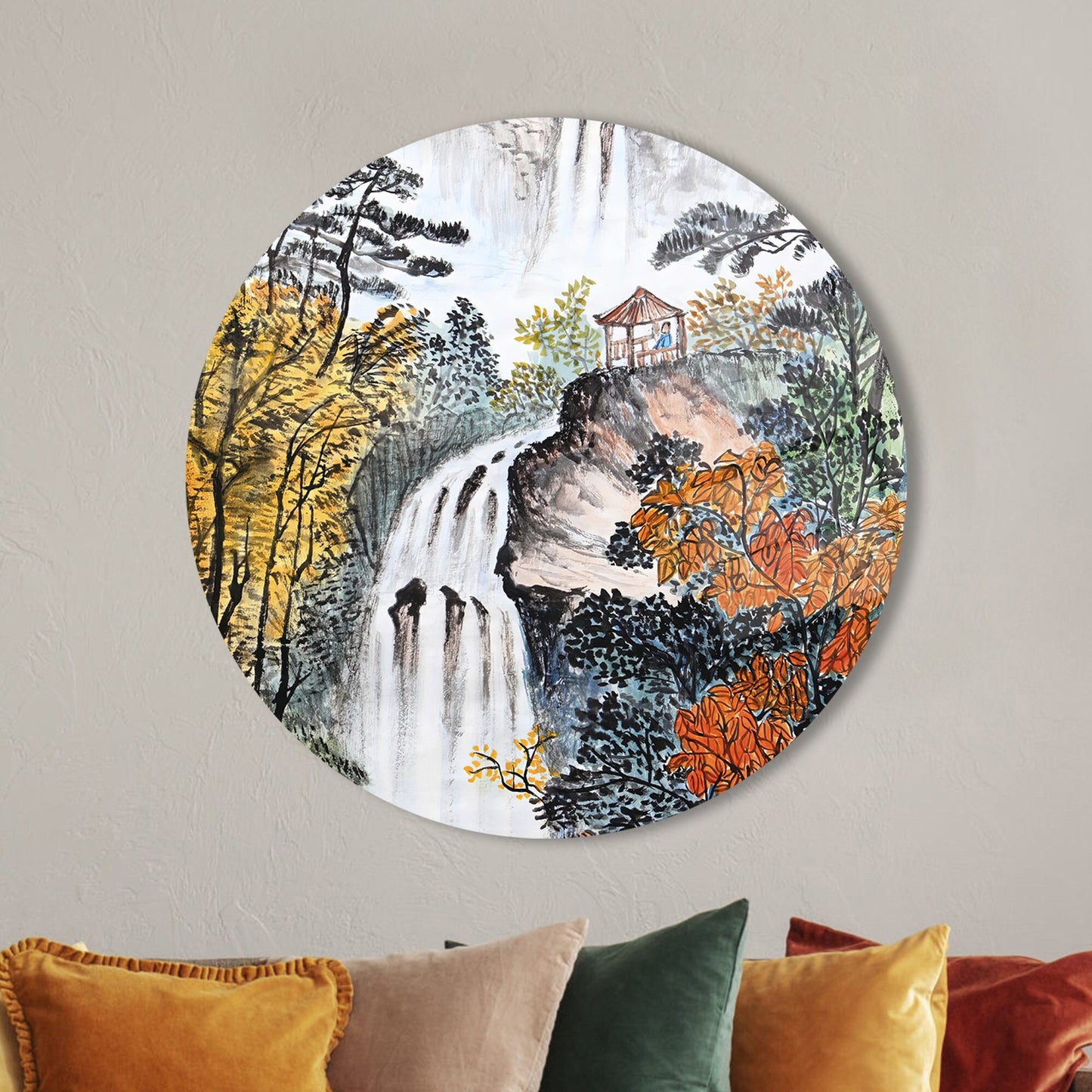 Autumn Waterfall Landscape Glass Wall Art