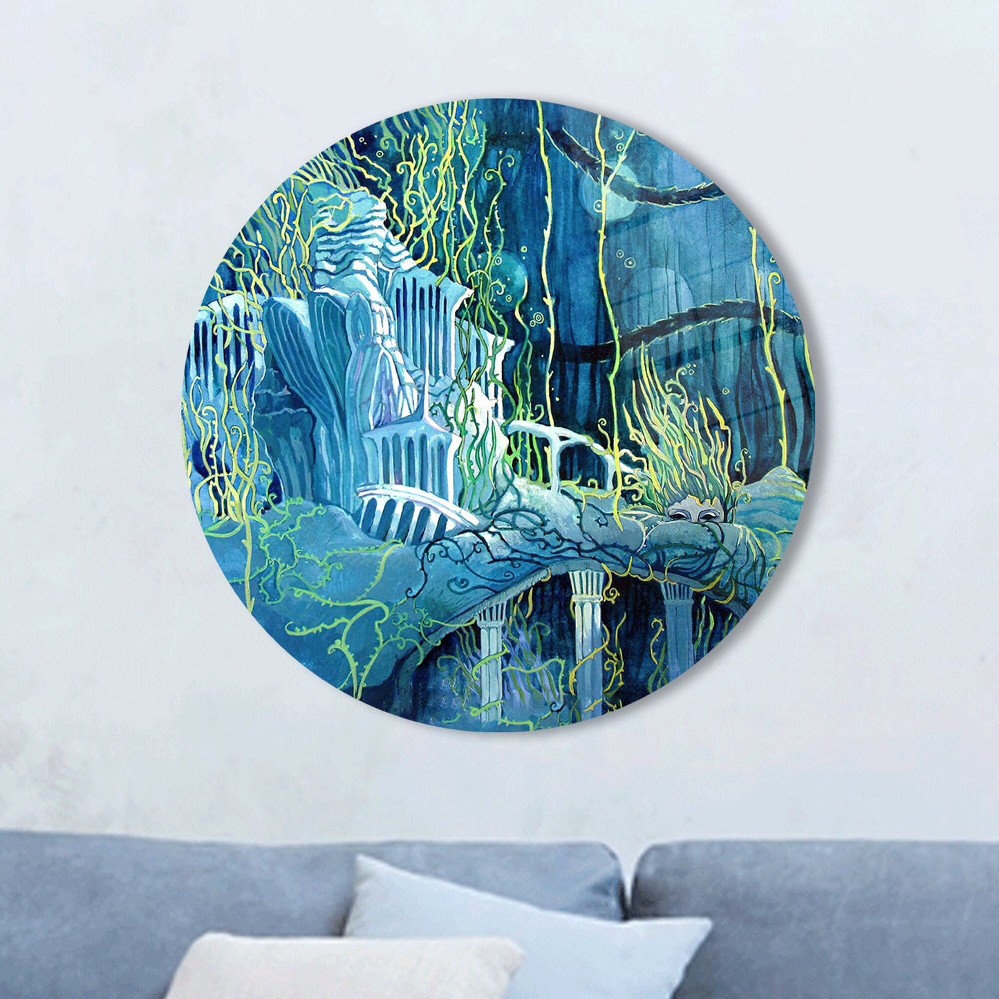 Abstract Seascape Tempered Glass Wall Art - Underwater Ruins Glass Decoration