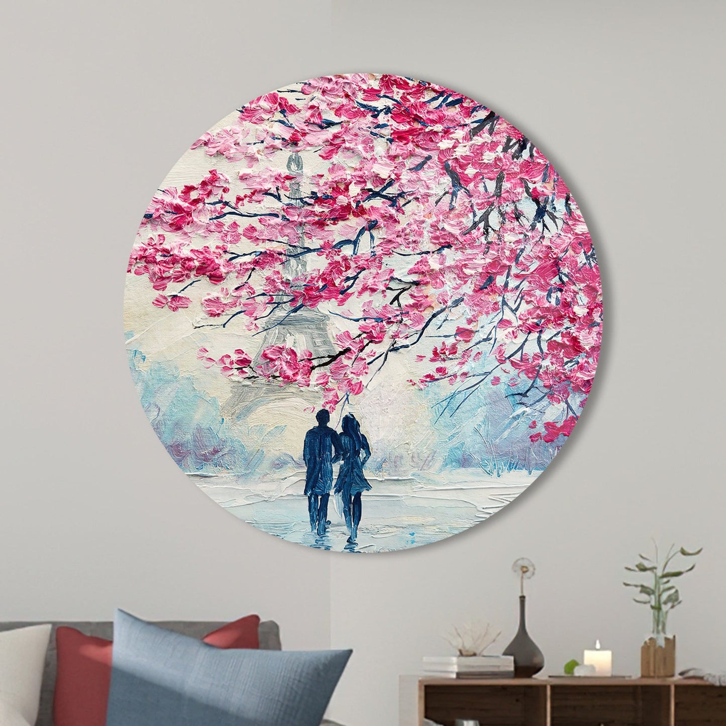 Pink Leaves Romantic Couple Glass Wall Art