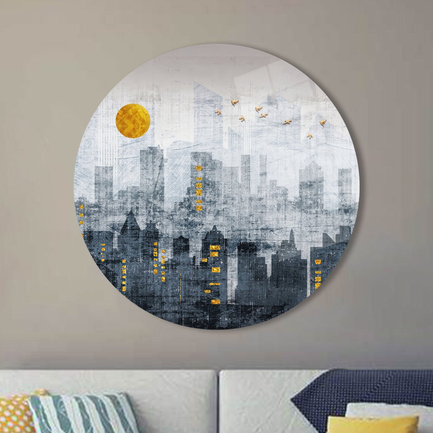 Gray Golden Birds Glass Wall Art