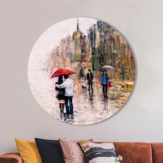 Red Couple with Umbrella City Landscape Glass Print for Wall Decoration
