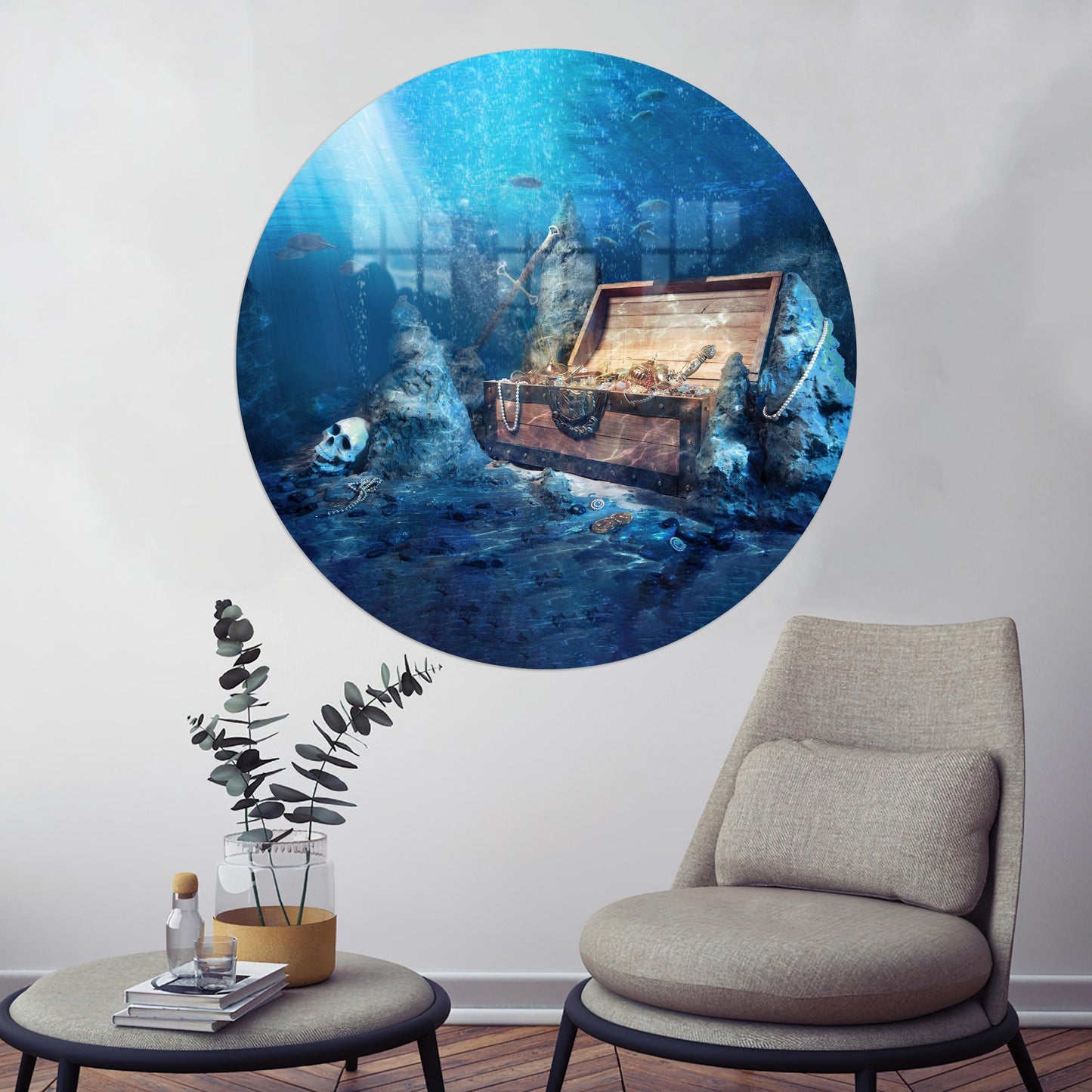 Blue Treasure Chest Underwater Glass Wall Art