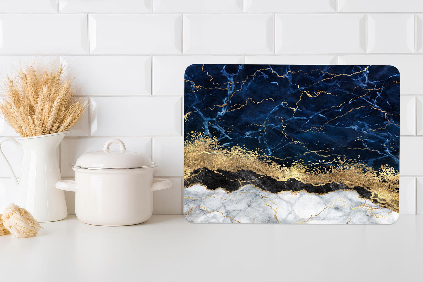 Navy Blue Marble Gold Glass Cutting Board