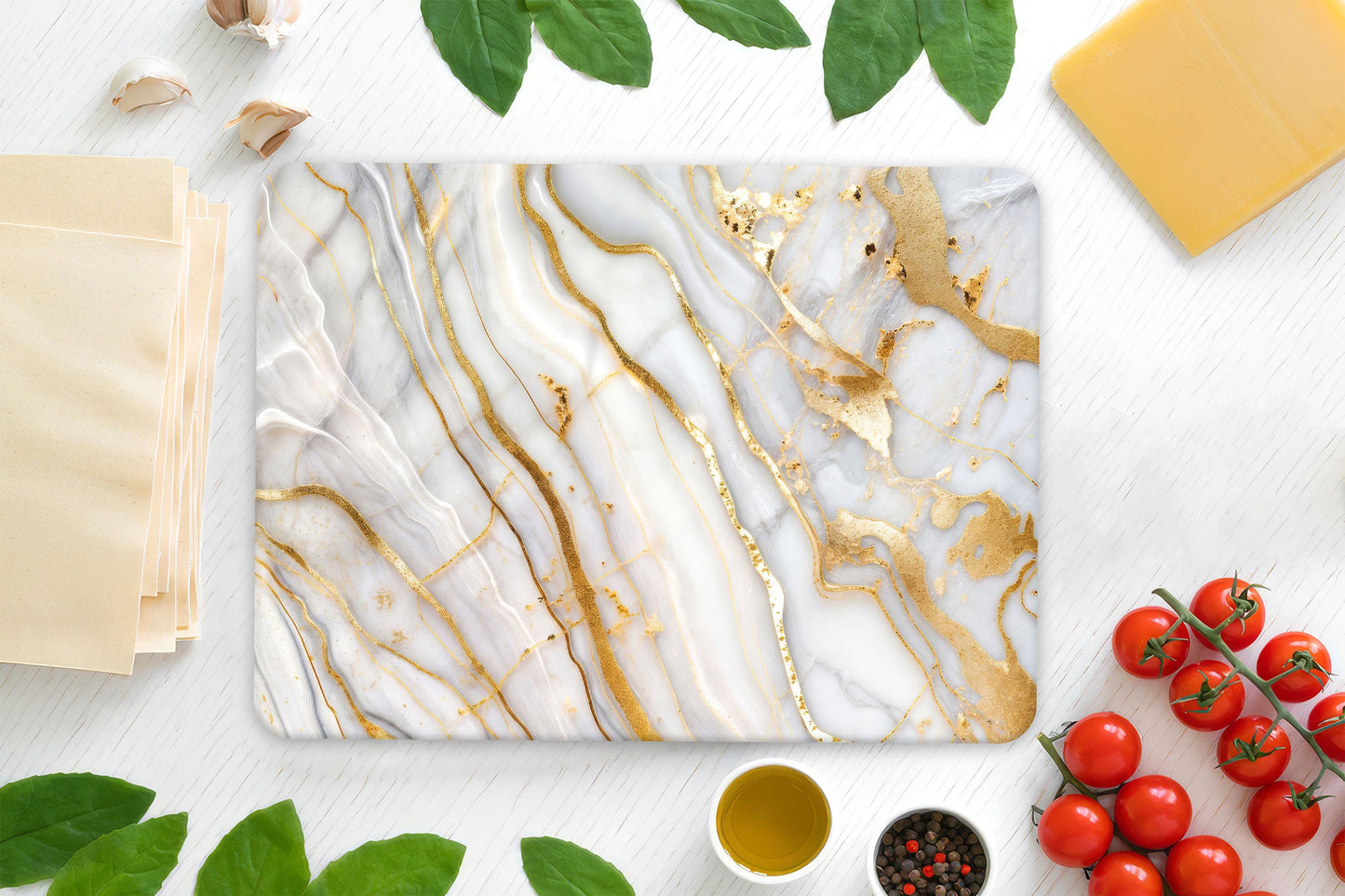 White and Gold Marble Print Tempered Glass Cutting Board for Kitchen