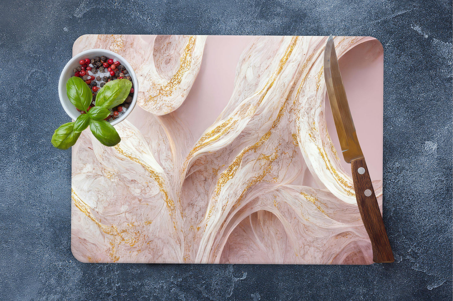 Pink Marble Gold Accent Glass Cutting Board